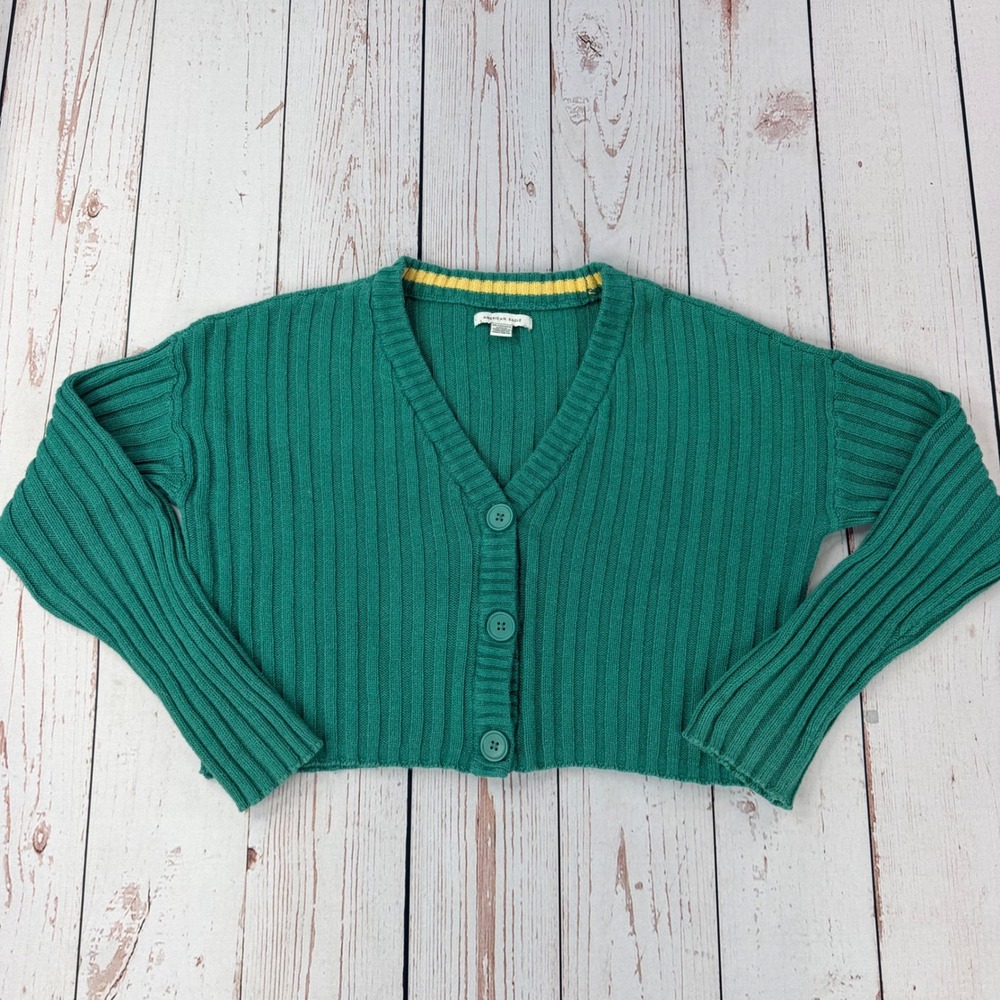 American Eagle Green Ribbed Cropped Cardigan Sweater XS V-Neck Button Front